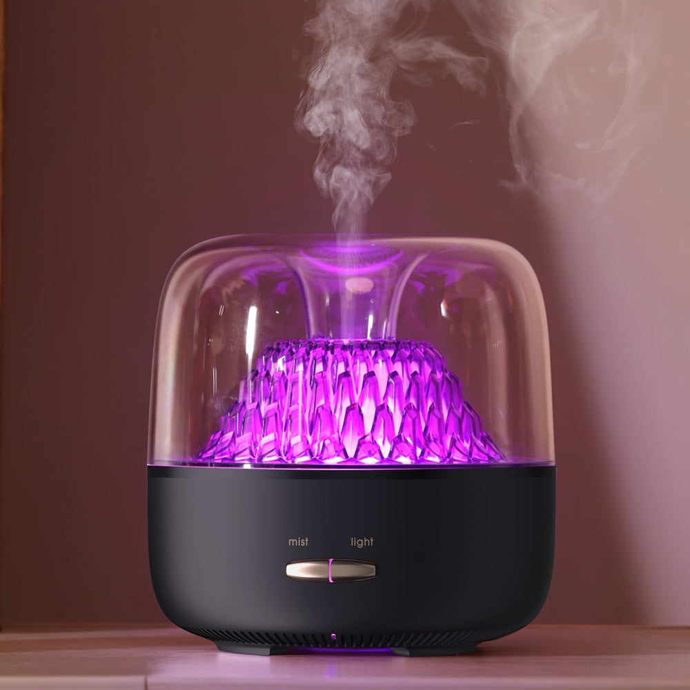 KinYiLO volcano mountain view diffuser with soft mist and ambient light for relaxation.