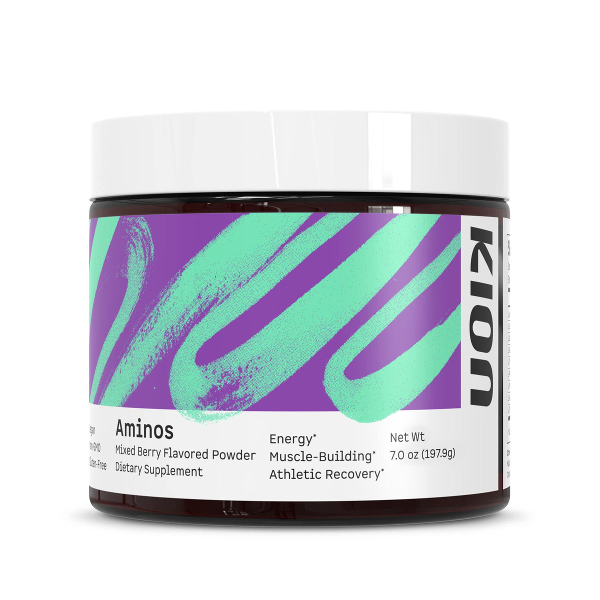 Kion Aminos bottle front view showing caffeine-free essential amino acids for recovery