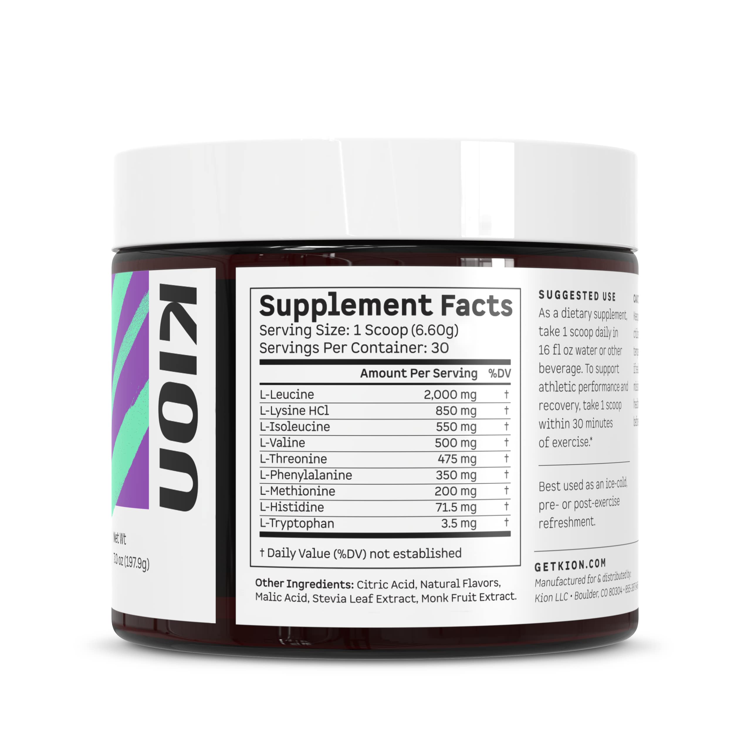 Kion Aminos label close-up highlights BCAAs and EAAs for muscle support