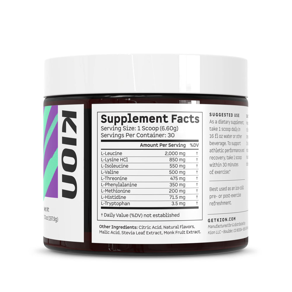 Kion Aminos label close-up highlights BCAAs and EAAs for muscle support