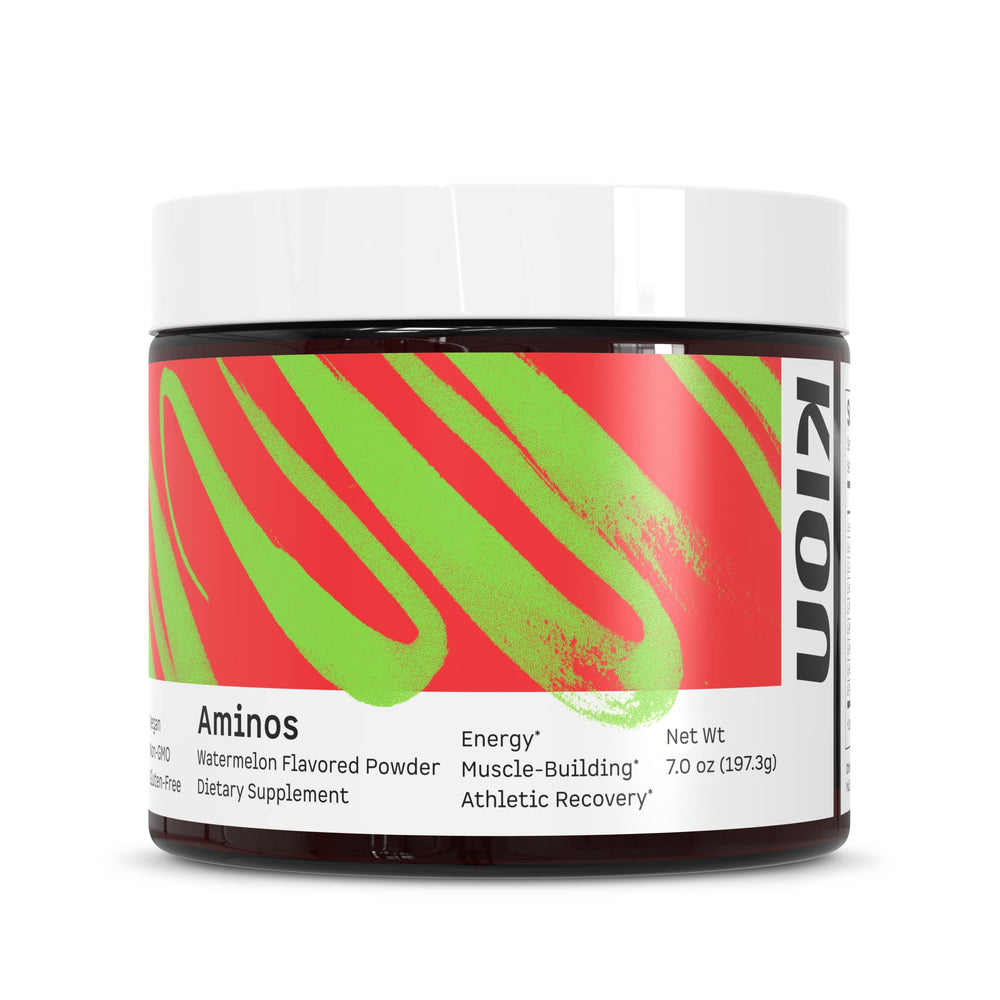 Kion Aminos Watermelon tub shown for post-workout recovery.