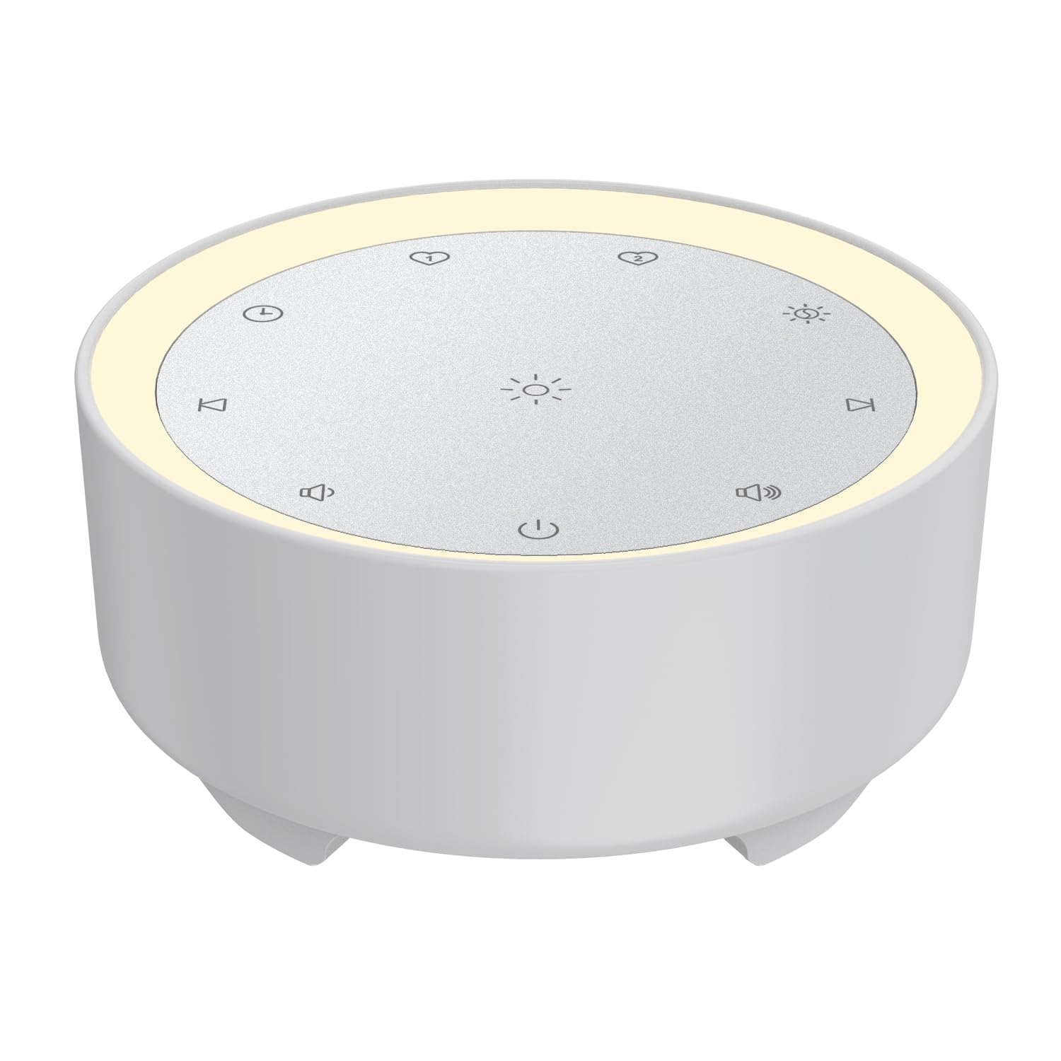 Kipcush white noise machine front view, compact bedside setup for easier sleep