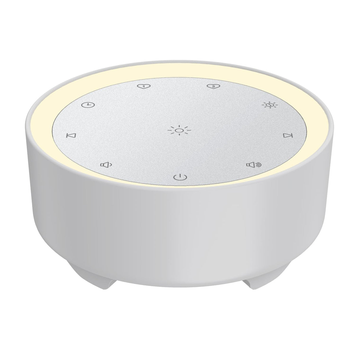 Kipcush white noise machine front view, compact bedside setup for easier sleep