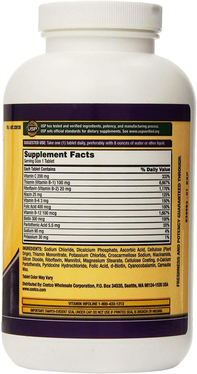 Kirkland B-Complex tablets closeup highlighting convenient daily use