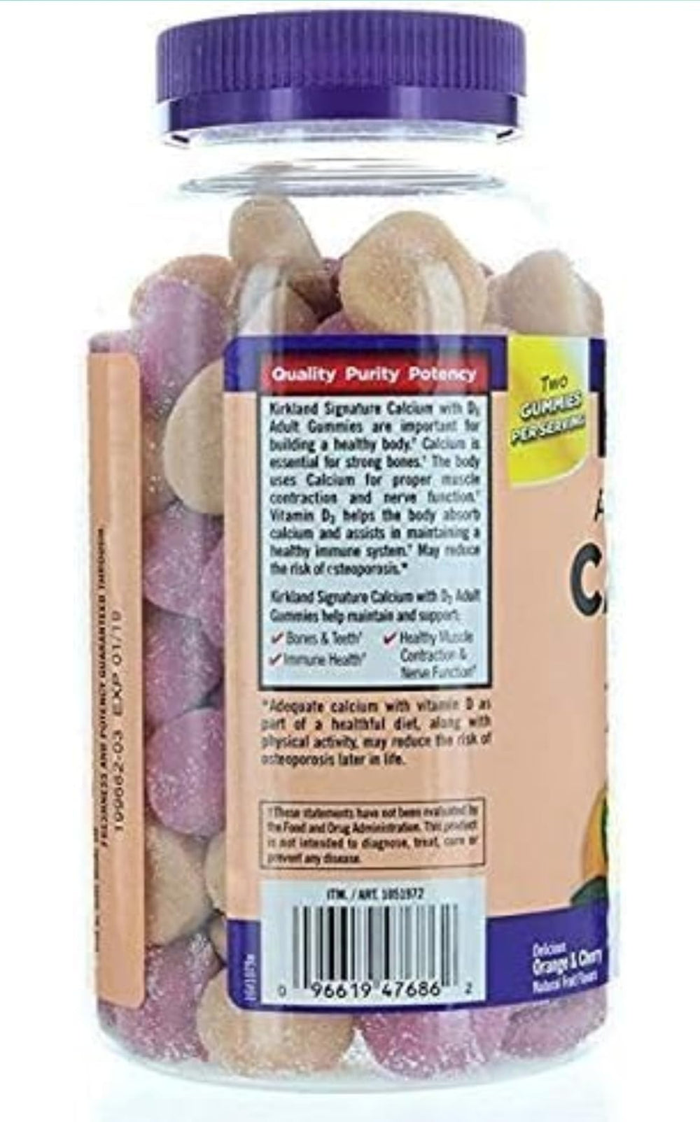Kirkland calcium gummies bottle back, vitamin D3 for daily intake support.