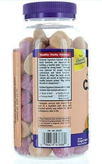 Kirkland calcium gummies bottle back, vitamin D3 for daily intake support.