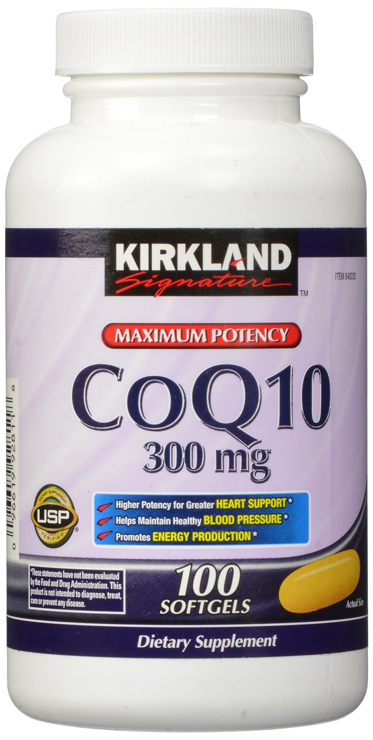 KIRKLAND COQ10 100 softgels bottle front showing packaging and antioxidant support.