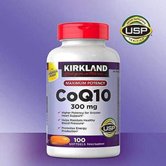 Kirkland CoQ10 100-count pack on shelf for convenient daily supplementation
