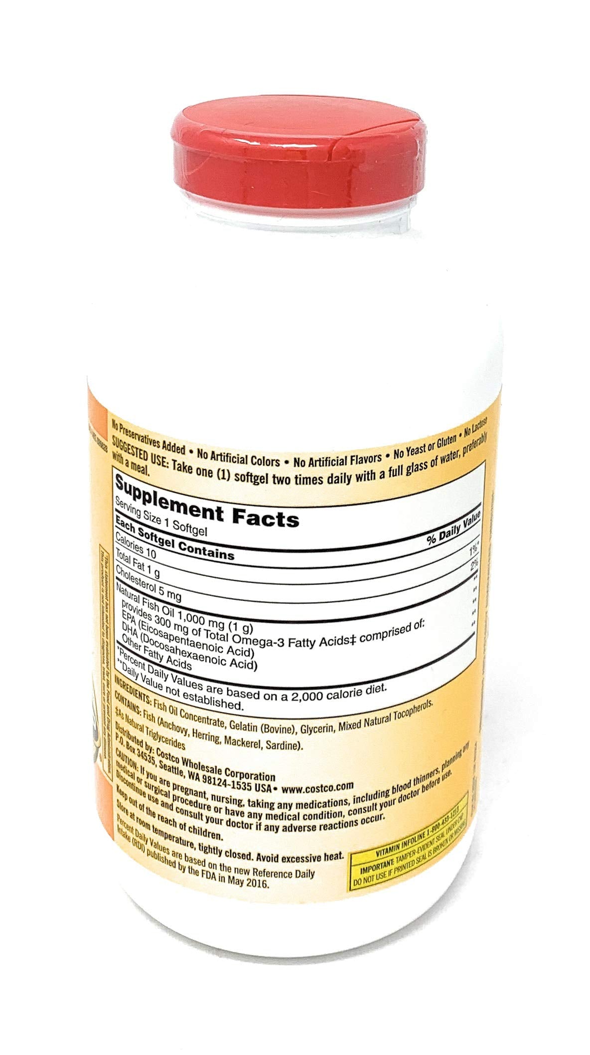 Kirkland fish oil label shows 1000mg omega-3 with purity emphasis.