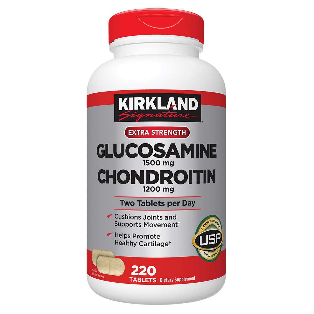 KIRKLAND Glucosamine & Chondroitin two-bottle display showing the product set benefits.