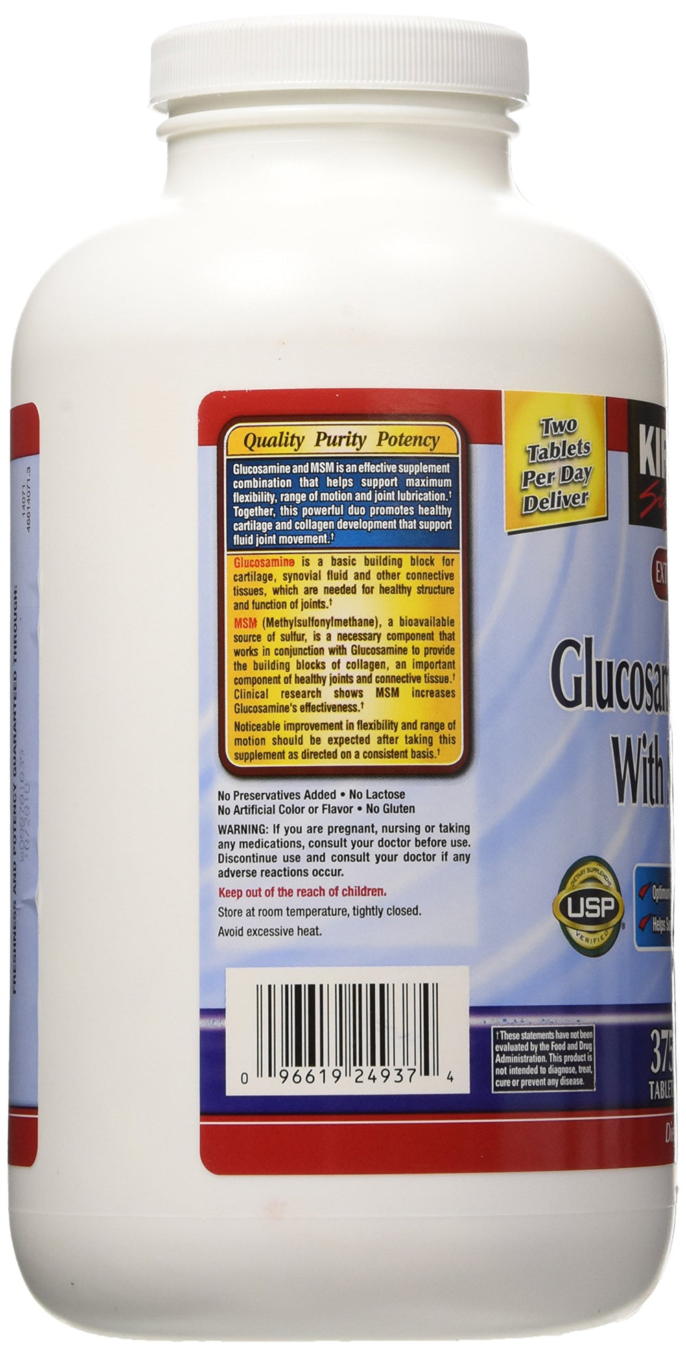 Kirkland Signature Glucosamine with MSM bottle label closeup highlighting ingredients.