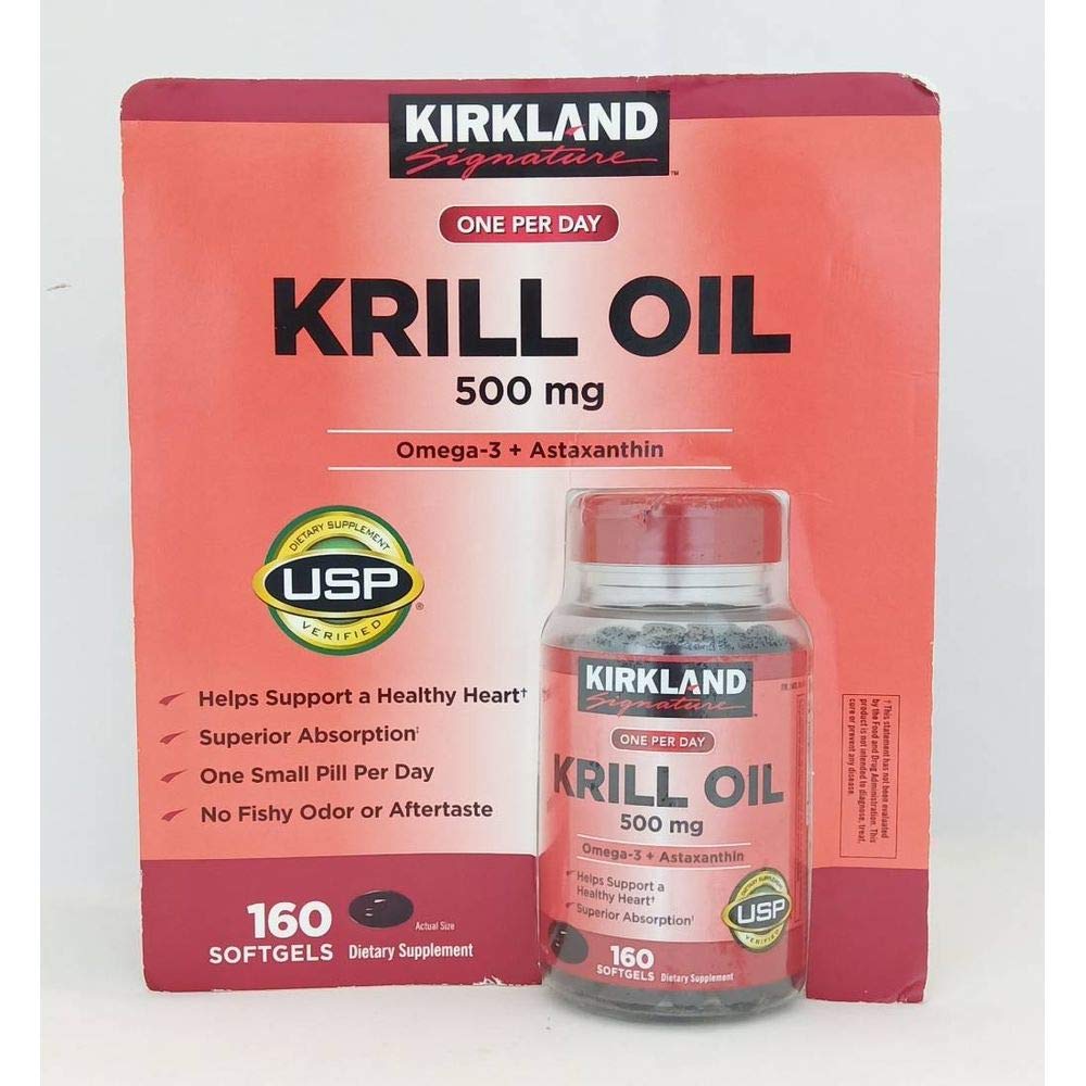 Kirkland Krill Oil bottle displayed on shelf for daily use.