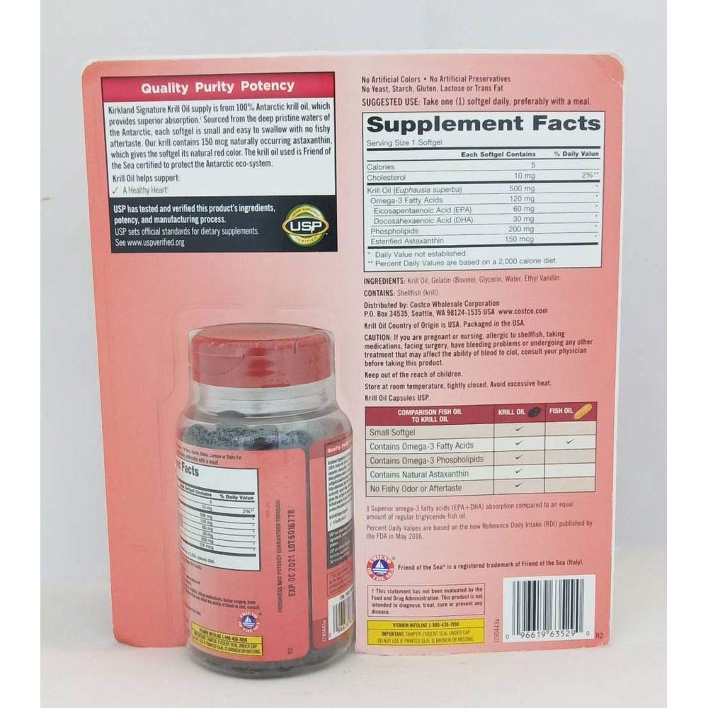 Kirkland Krill Oil back label closeup with dosage and ingredients.