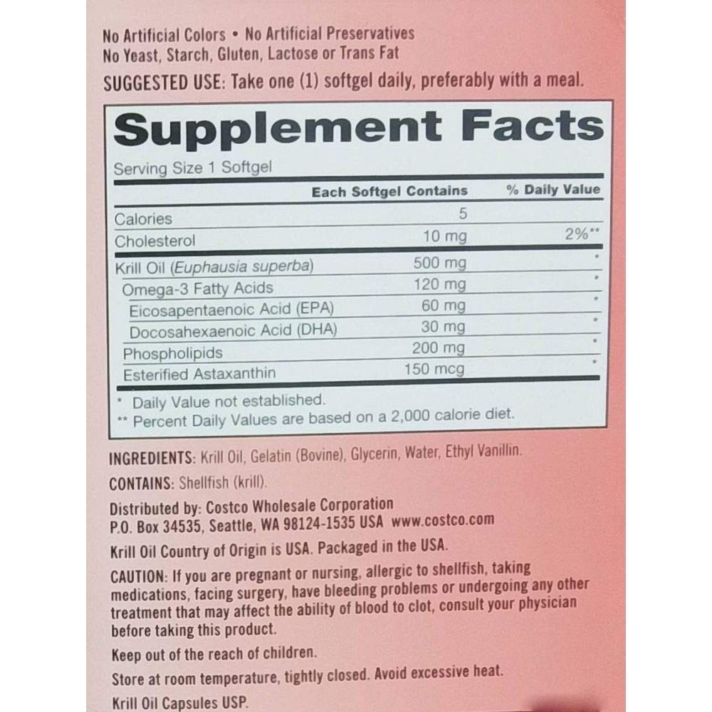 Kirkland Krill Oil softgels closeup showing easy-to-swallow capsules.