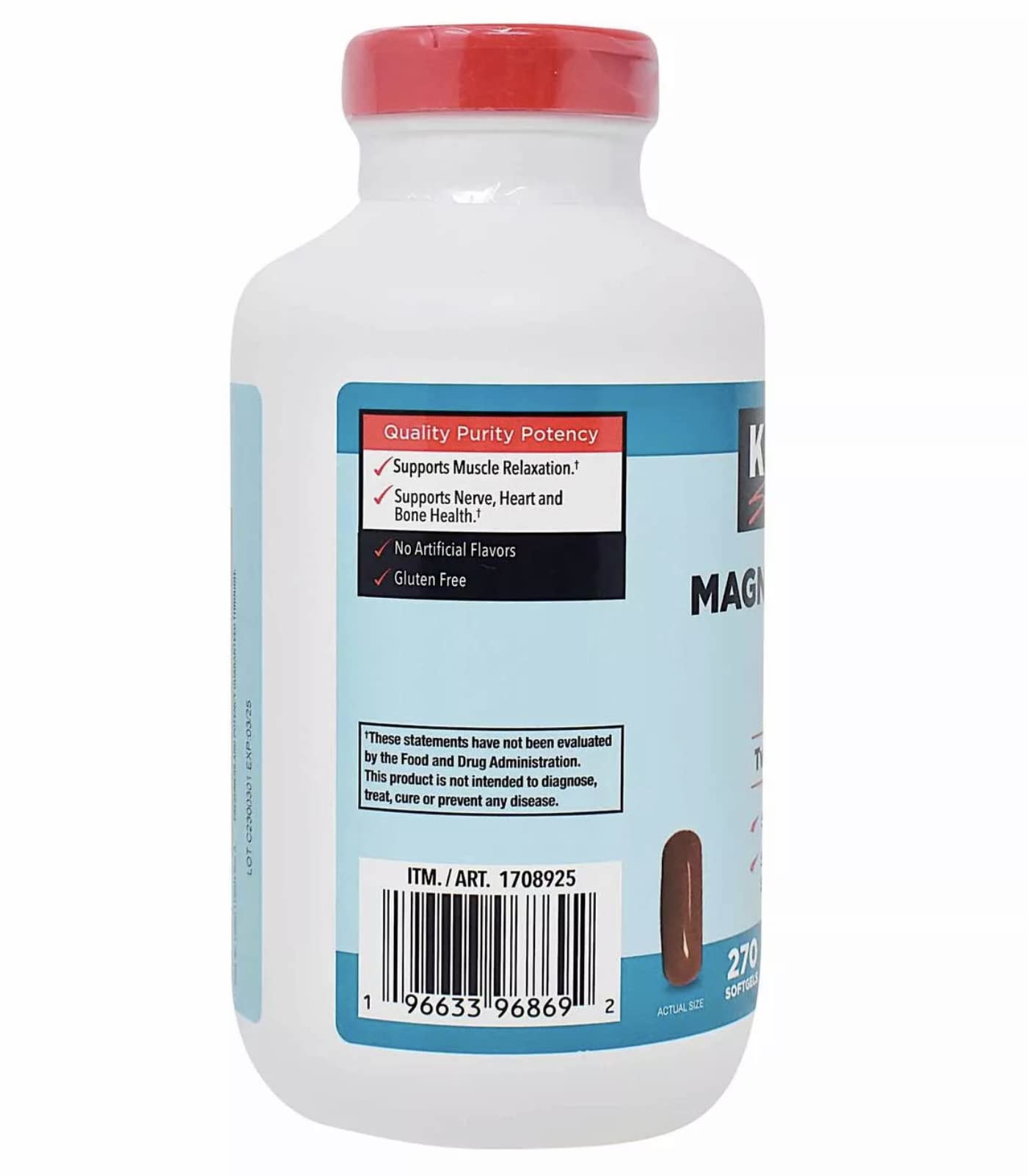 Kirkland Magnesium Citrate softgels capsules closeup highlighting high-absorption formula