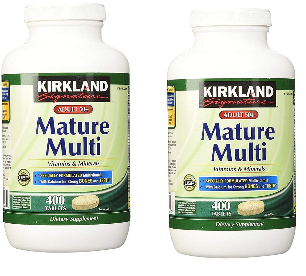 Kirkland Mature Multi bottle front highlighting calcium and vitamin D for bone support