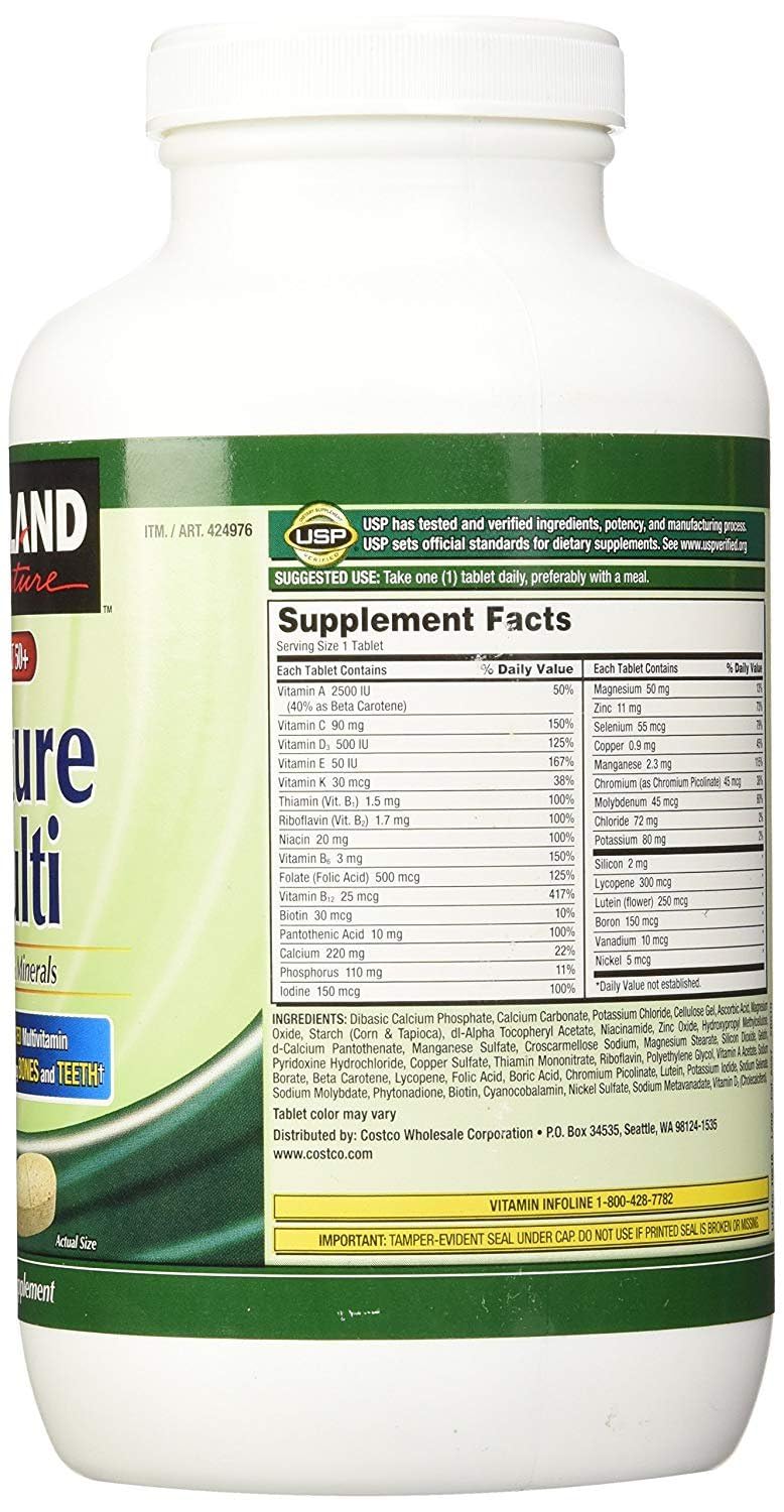 Kirkland Mature Multi bottle back label showing essential nutrients for daily health