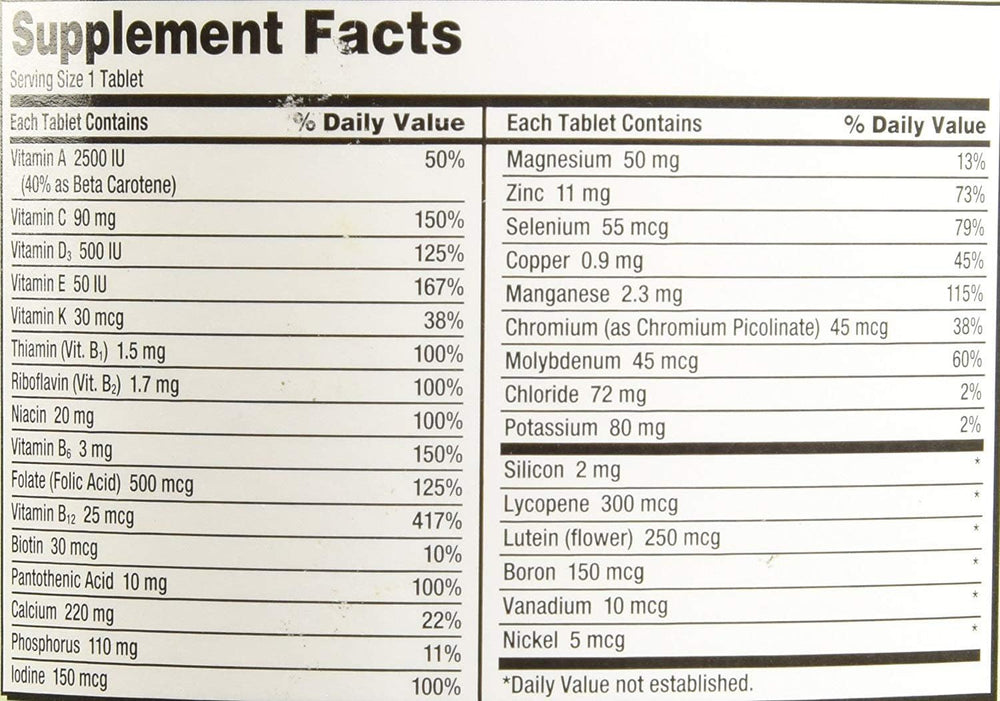 Kirkland Mature Multi dosage details with key nutrients