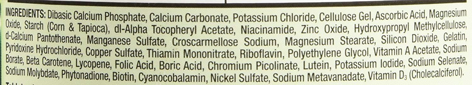Kirkland Mature Multi nutrition facts panel with essential minerals