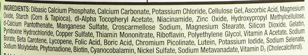 Kirkland Mature Multi nutrition facts panel with essential minerals
