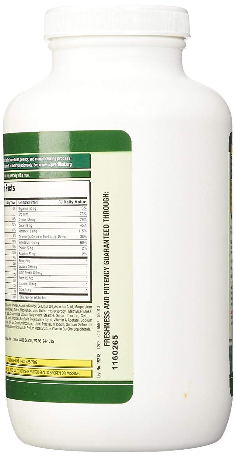 Kirkland Mature Multi tablets closeup indicating easy daily intake for adults 50+