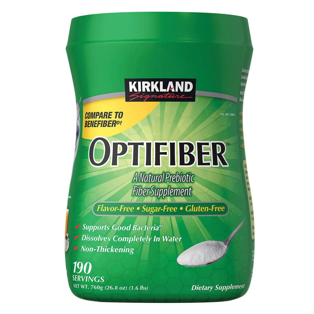 Kirkland OPTIFIBER powder poured from bottle for easy hydration.