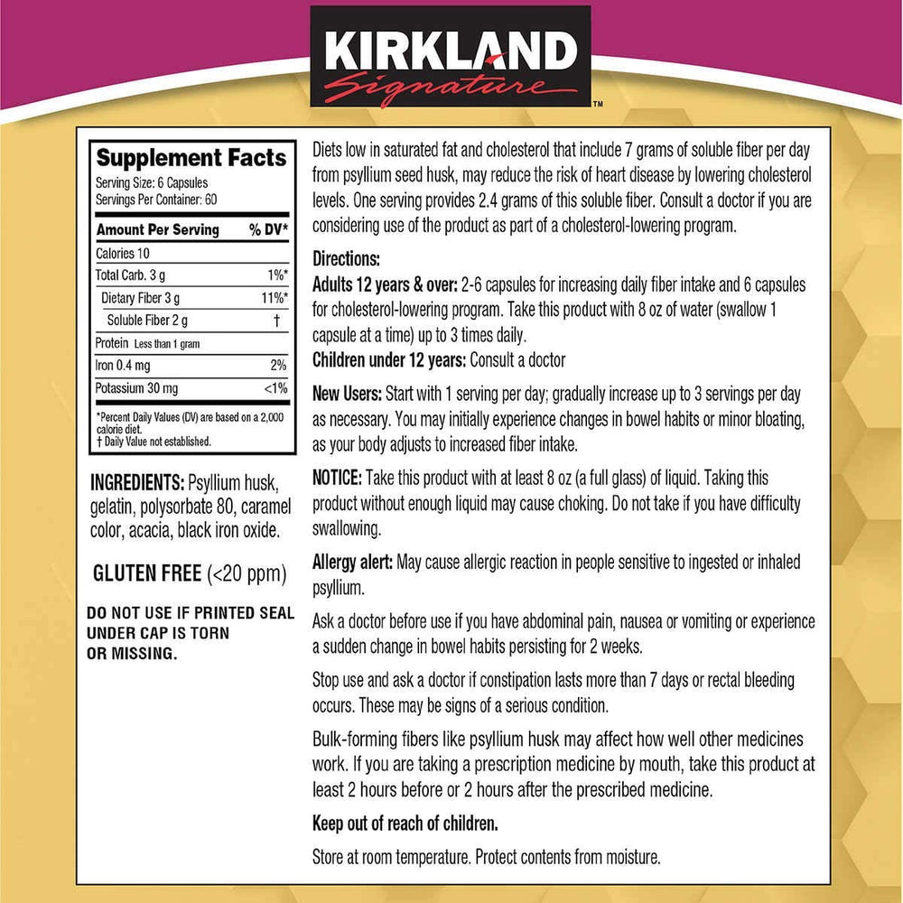 Kirkland Psyllium Fiber capsules closeup, natural psyllium husk for easy daily fiber