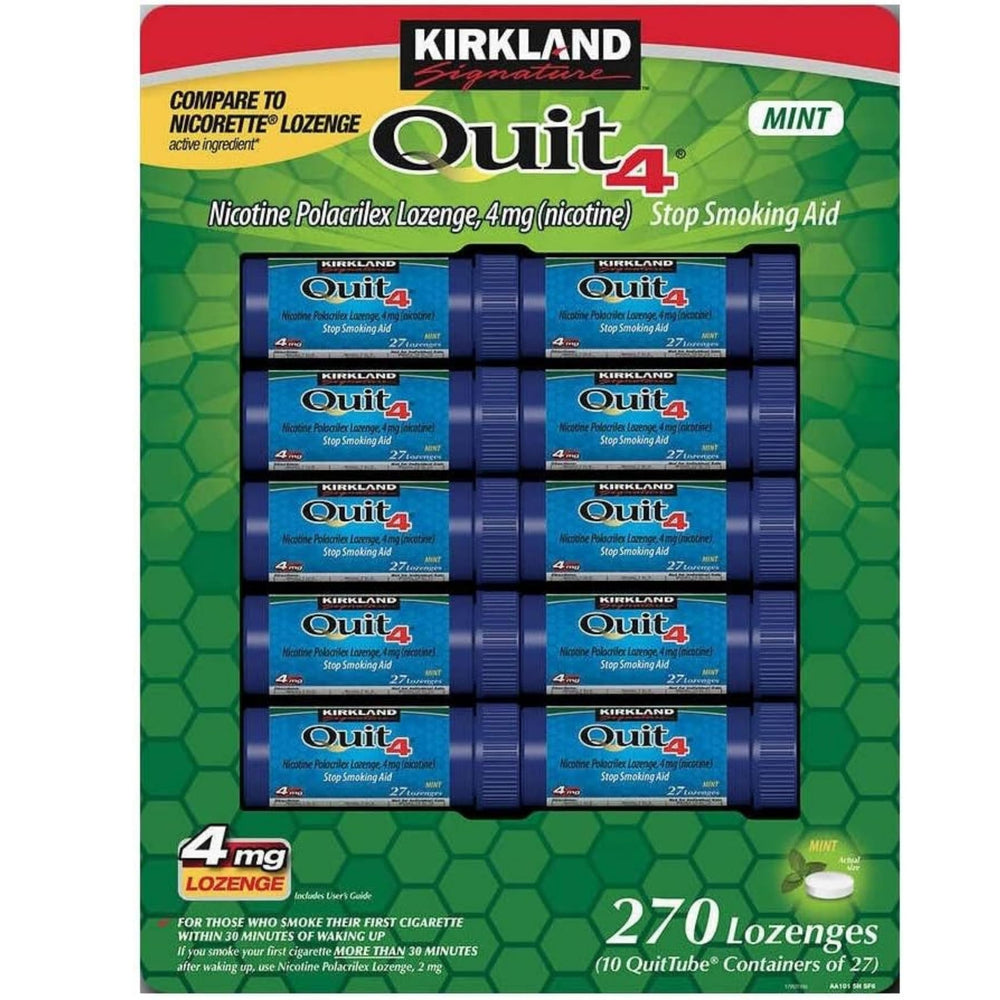 Kirkland Quit Lozenges 4mg front package shows mint flavor and NRT support for cravings.