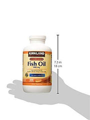 Kirkland Signature hgar Fish Oil capsules close-up highlighting concentrated fatty acids for daily use.