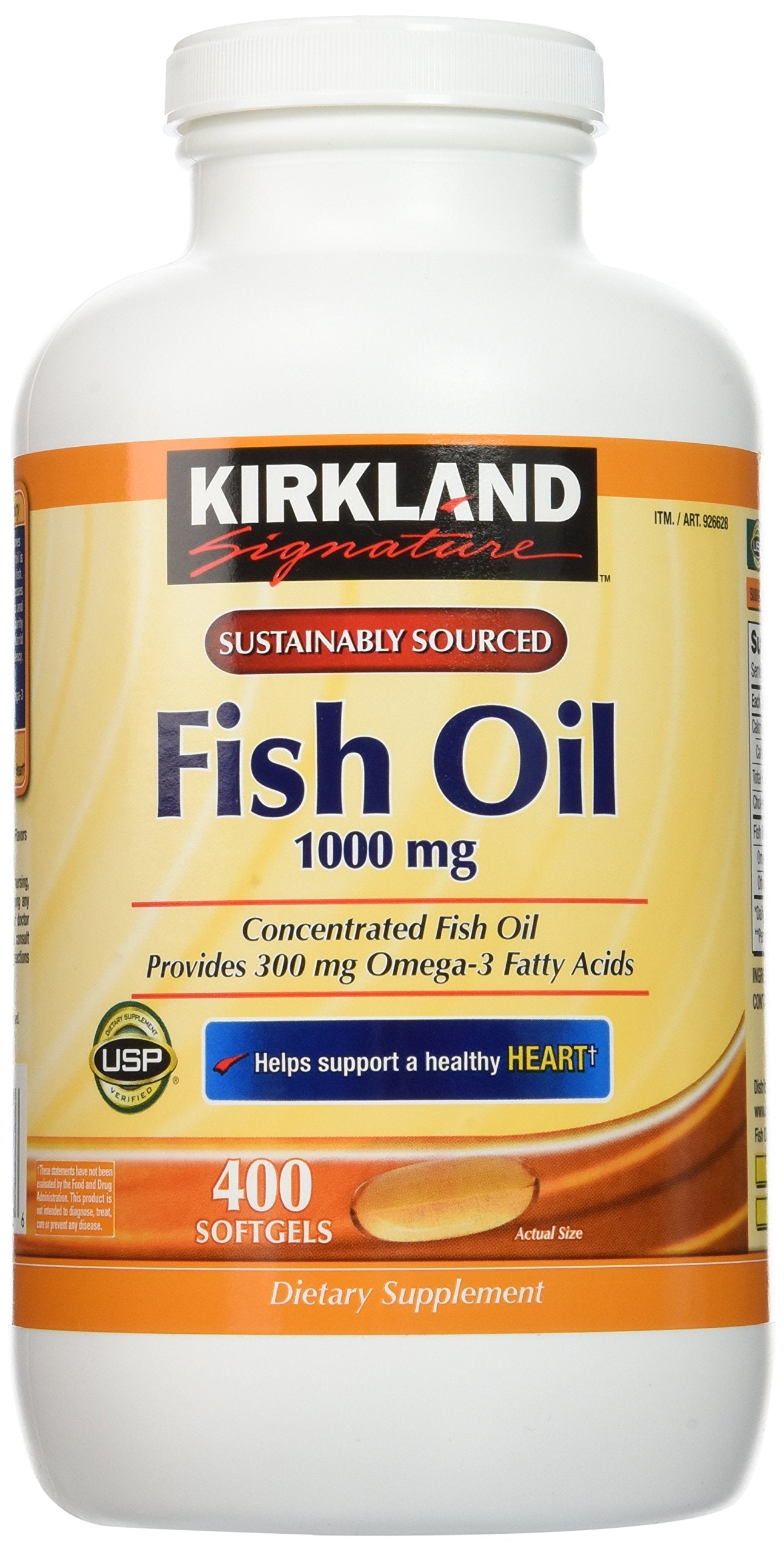 Kirkland Signature fish oil bottle front view emphasizing purity and omega-3 richness