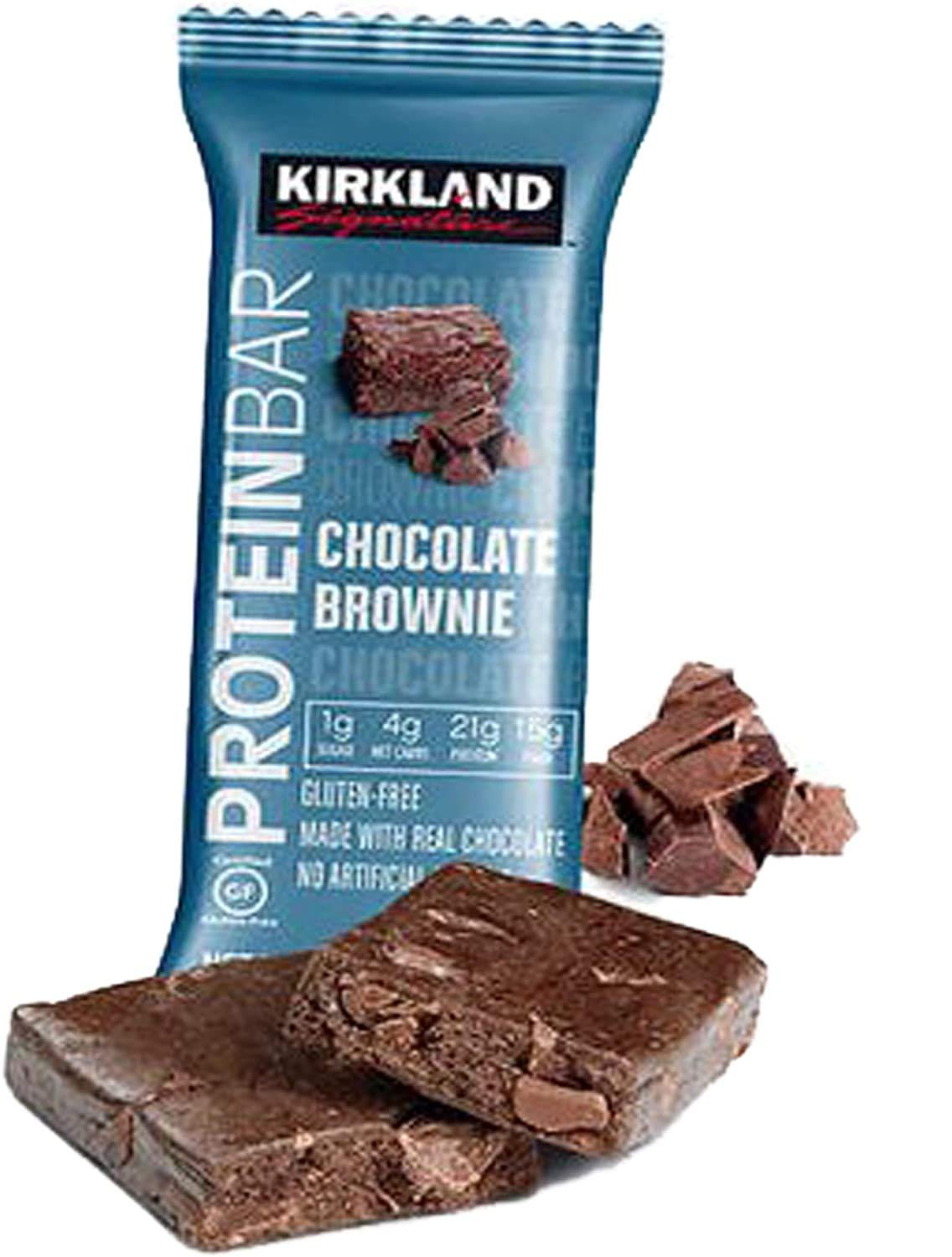Kirkland Signature Protein Bar Chocolate Brownie nutrition panel highlighting protein and fiber for sustained energy