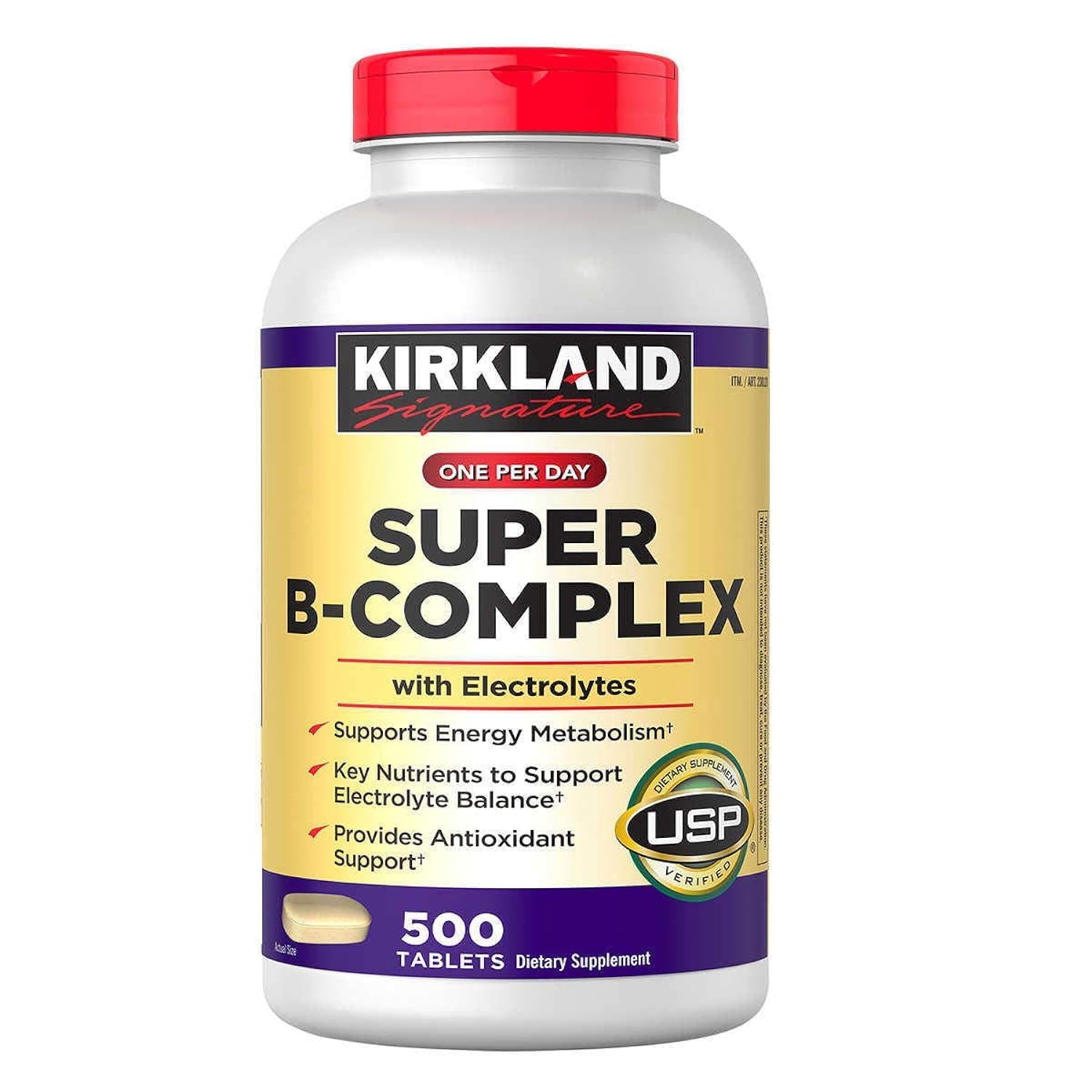 Kirkland Signature Super B-Complex with electrolytes bottle pouring, highlighting energy metabolism support
