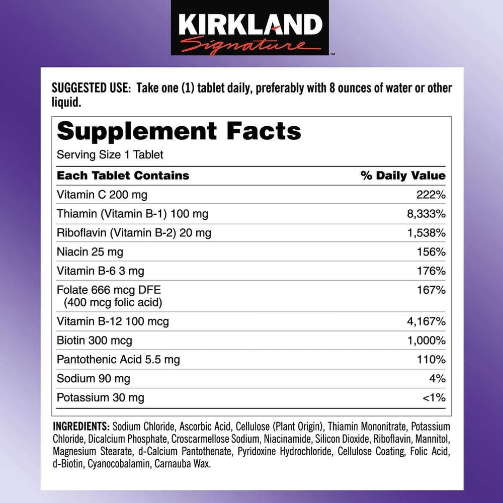 Kirkland Signature Super B-Complex tablets close-up, showing hydration-friendly formula