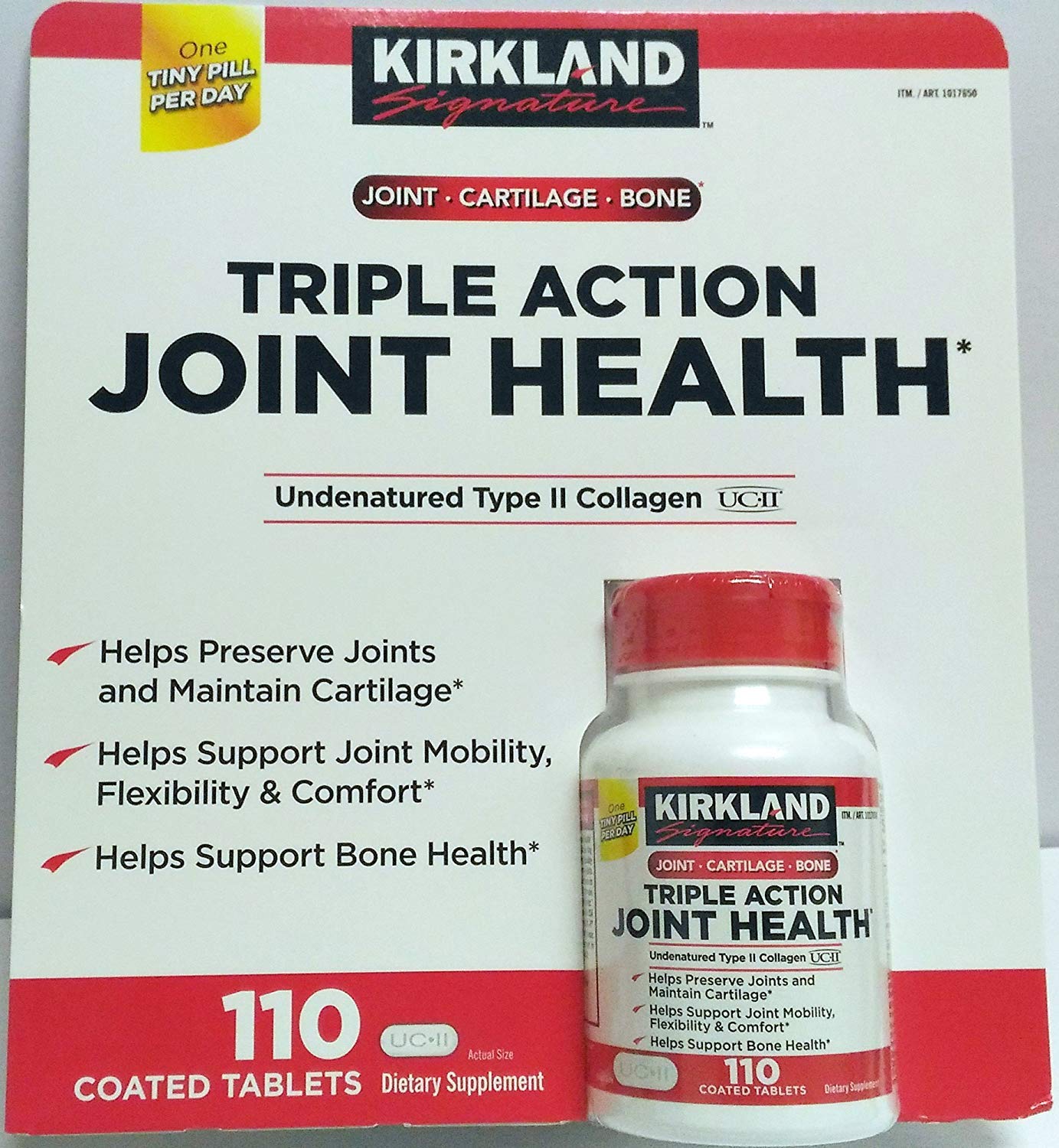 Kirkland Triple Action joint health bottle featuring UCII capsules for mobility support