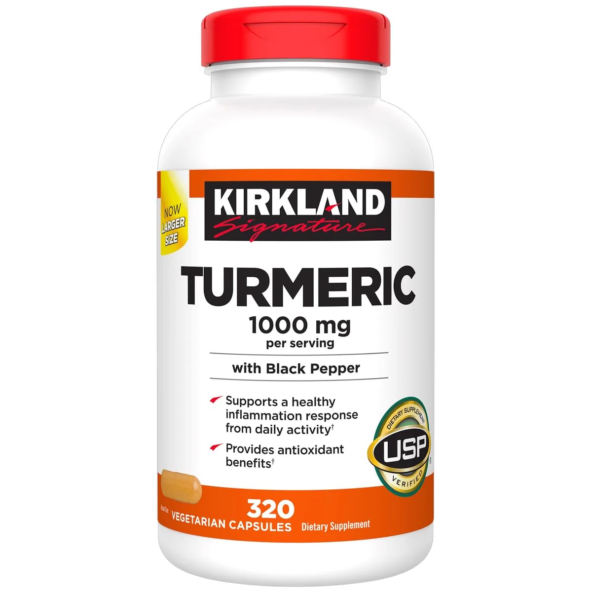 KIRKLAND Turmeric bottle front highlighting 1000mg formula for daily antioxidant support.