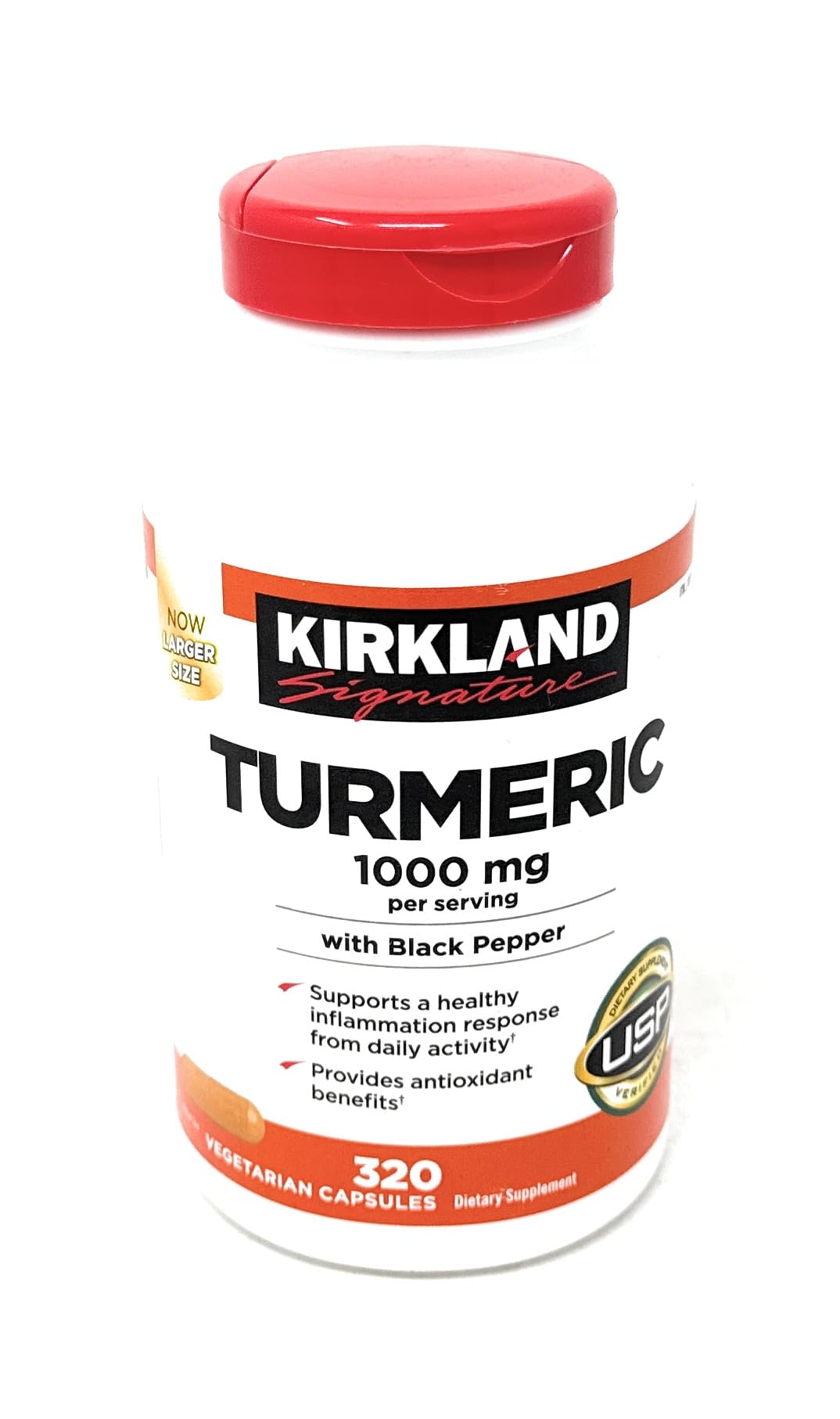 KIRKLAND Turmeric bottle side view emphasizing packaging and branding.