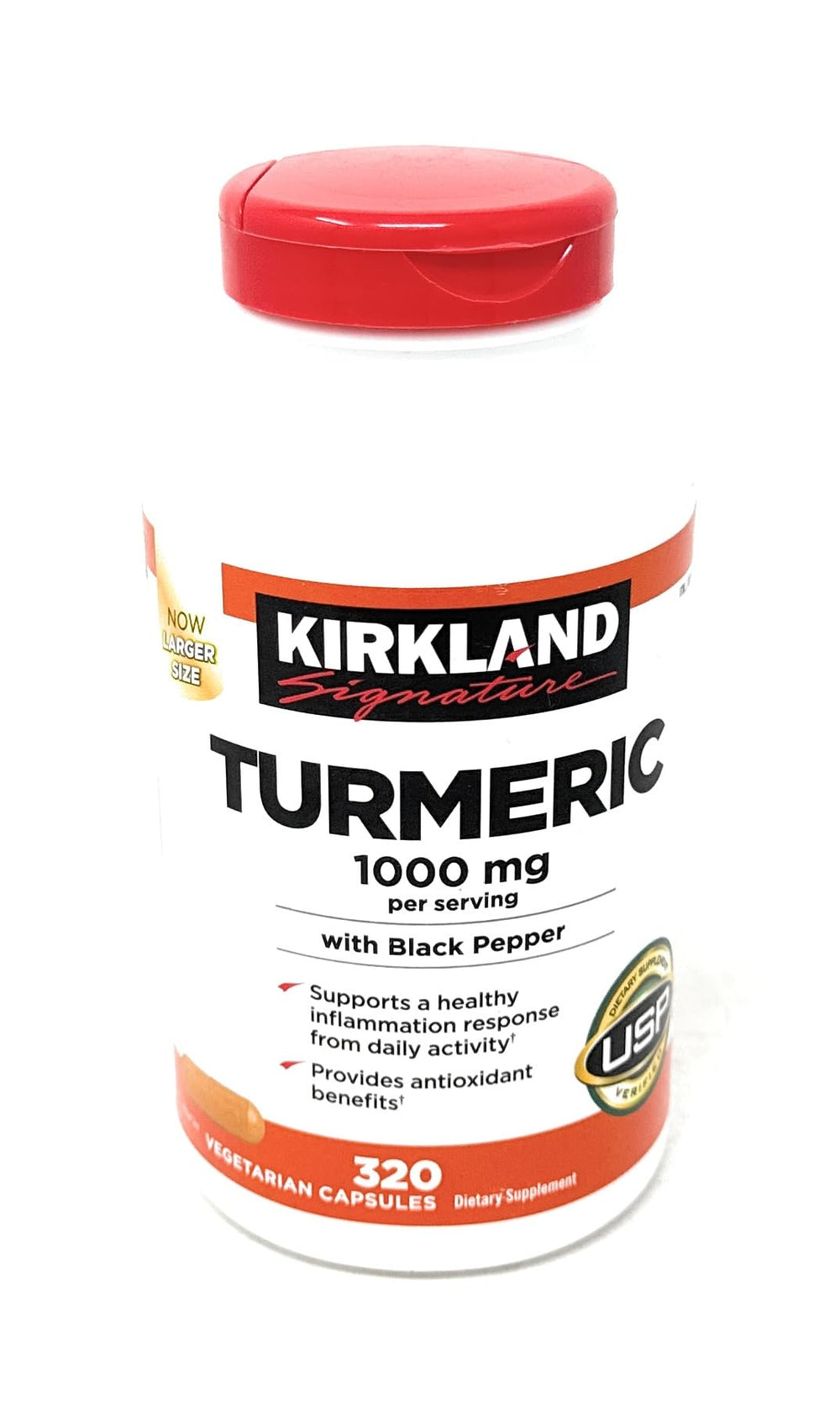 KIRKLAND Turmeric bottle side view emphasizing packaging and branding.