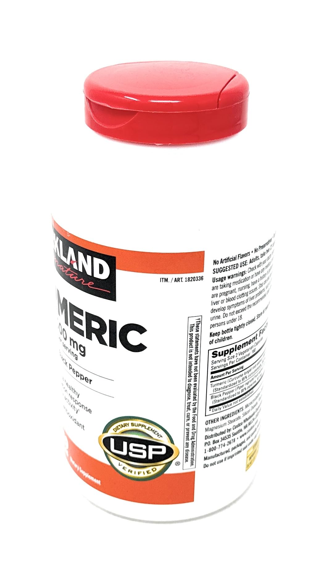 KIRKLAND Turmeric ingredients label close-up for transparency.