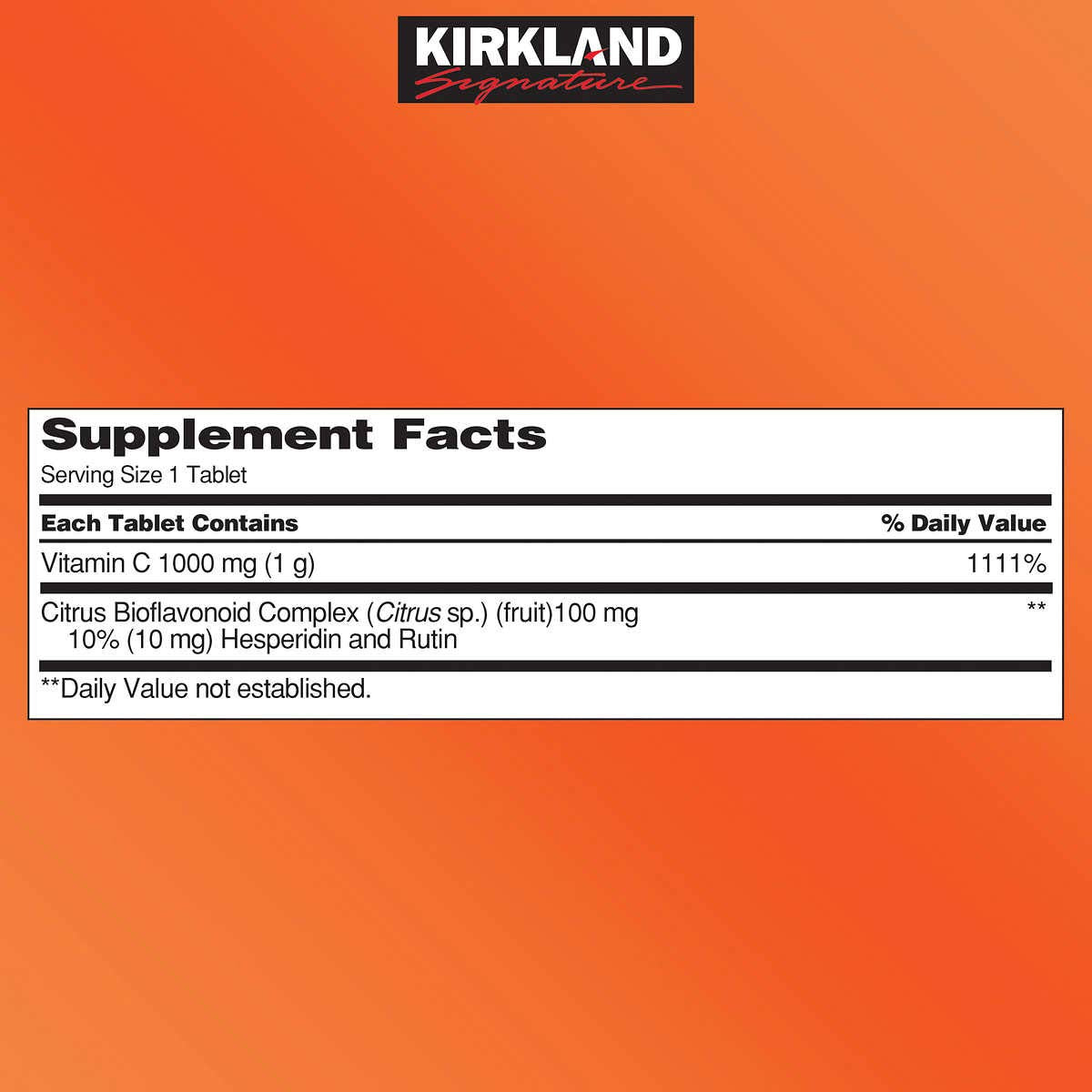 Kirkland Vitamin C 1000mg with rose hips bottle label, USP verified, clean label.