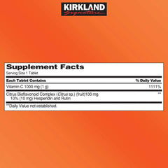 Kirkland Vitamin C 1000mg with rose hips bottle label, USP verified, clean label.