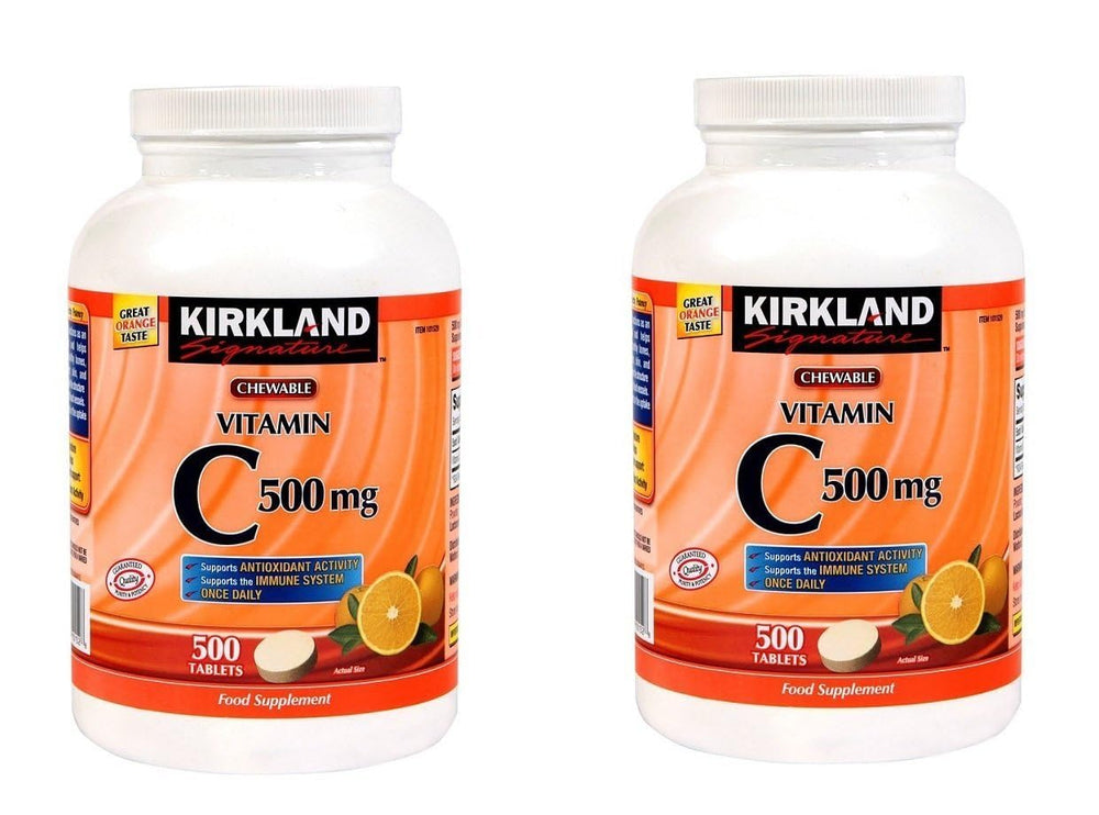 Kirkland Vitamin C tangy orange chewables bottle front view, convenient daily immune support