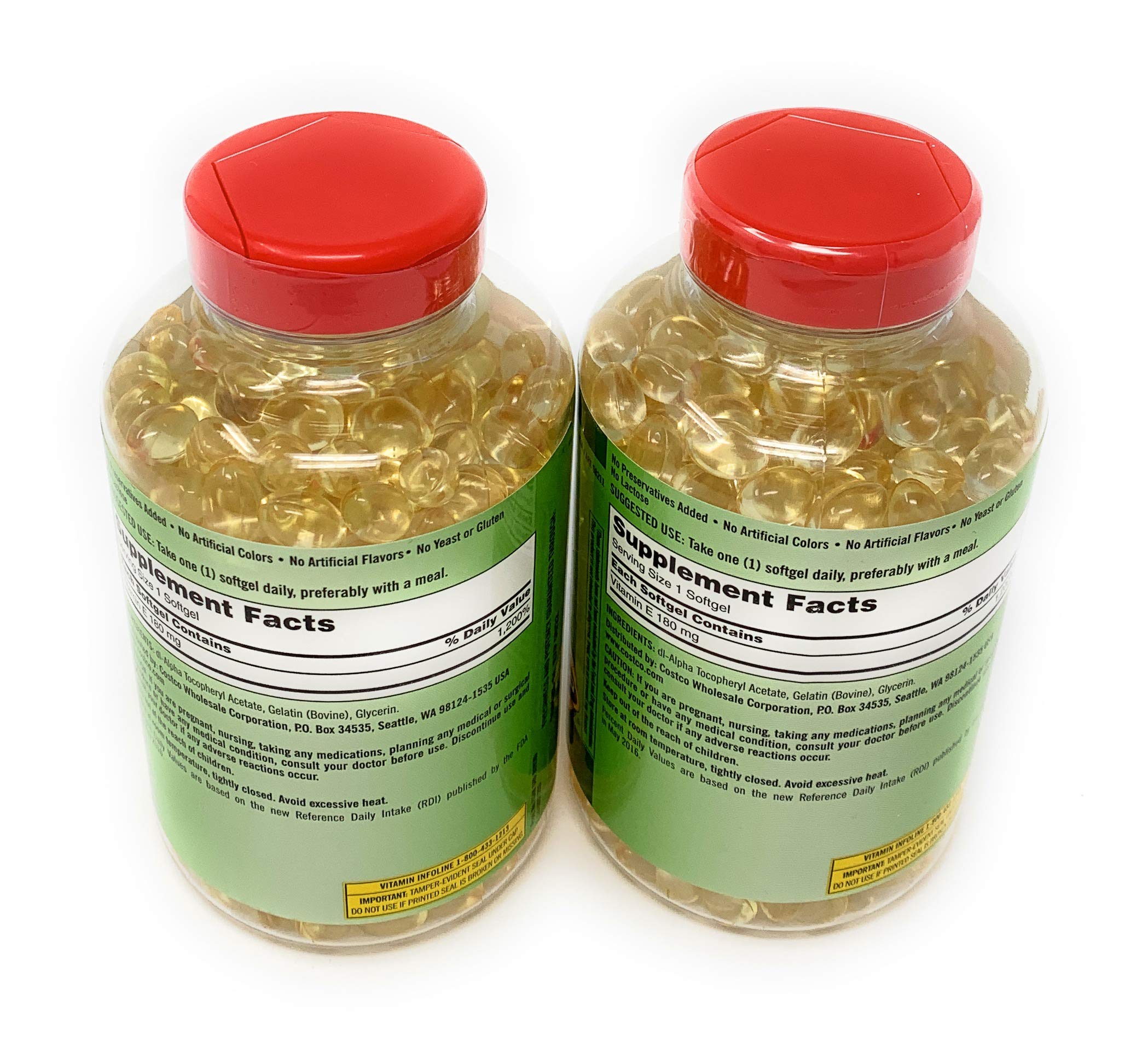 KIRKLAND Vitamin E 400 IU pack-2 view illustrating two bottles for easy replenishment.