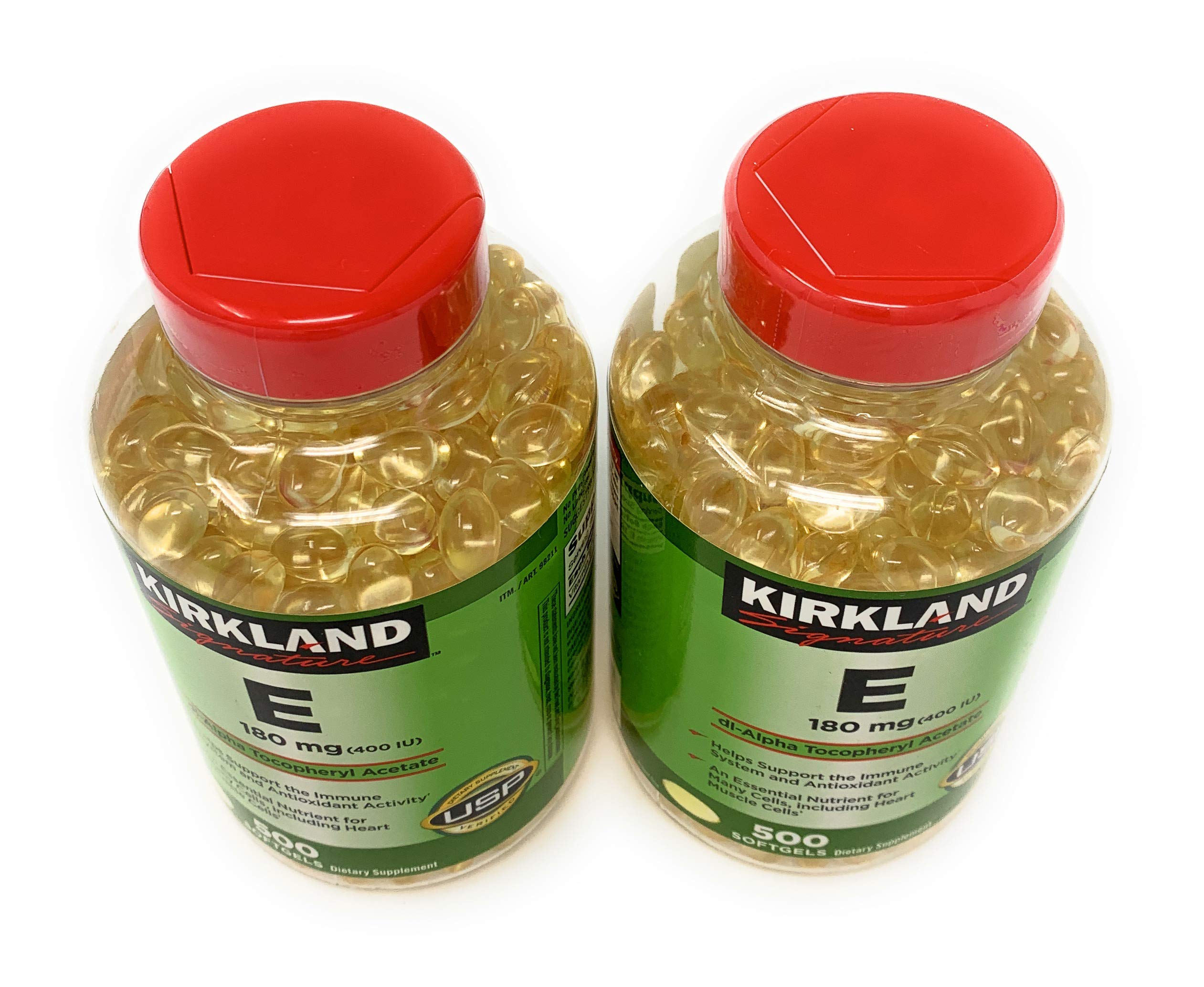 KIRKLAND Vitamin E 400 IU softgels close-up conveying daily antioxidant benefits.