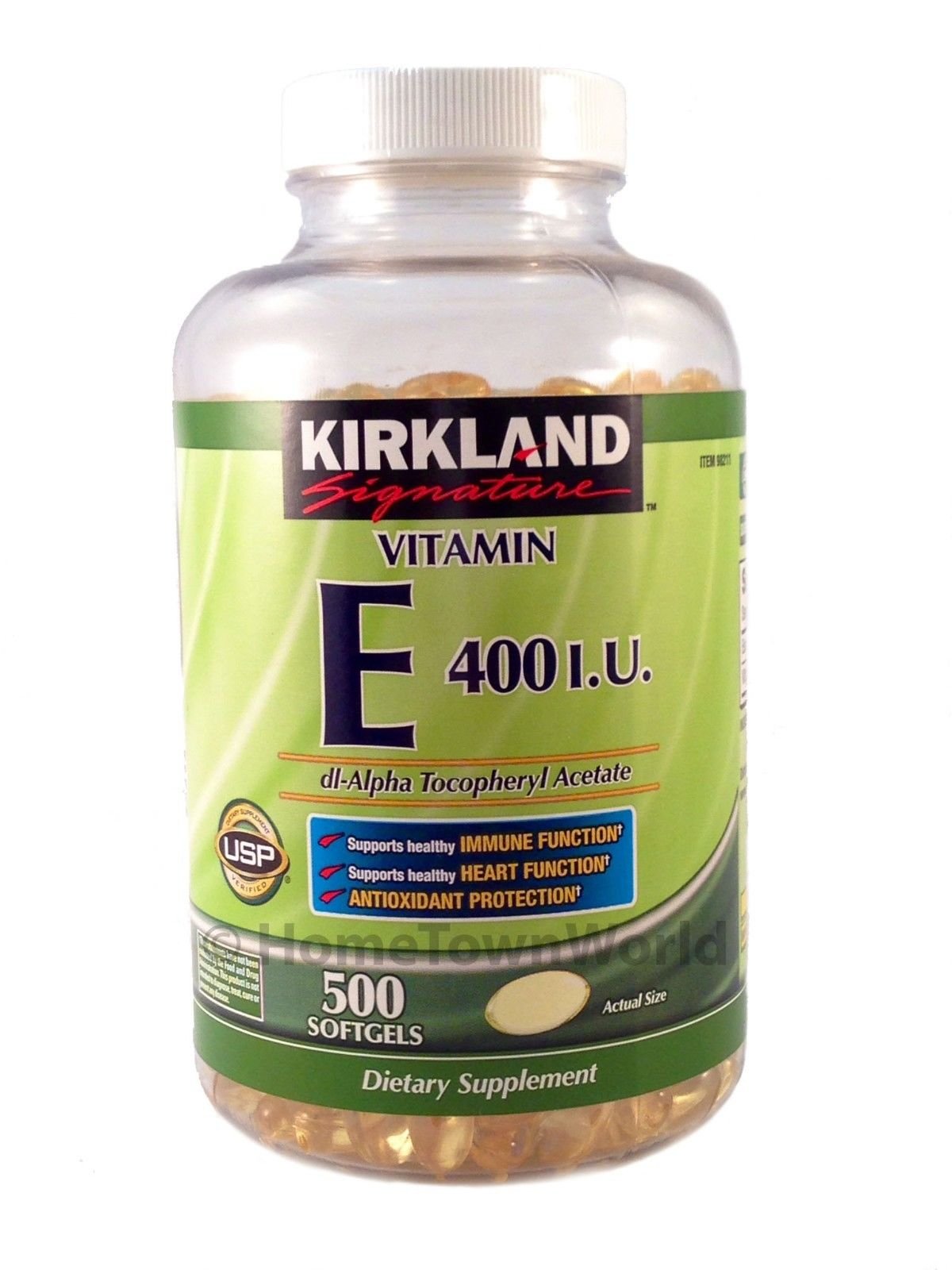 Kirkland Vitamin E 400 IU softgels bottle provides antioxidant and immune support daily.