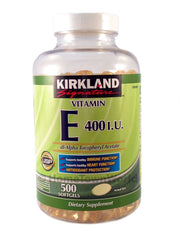 Kirkland Vitamin E 400 IU softgels bottle provides antioxidant and immune support daily.