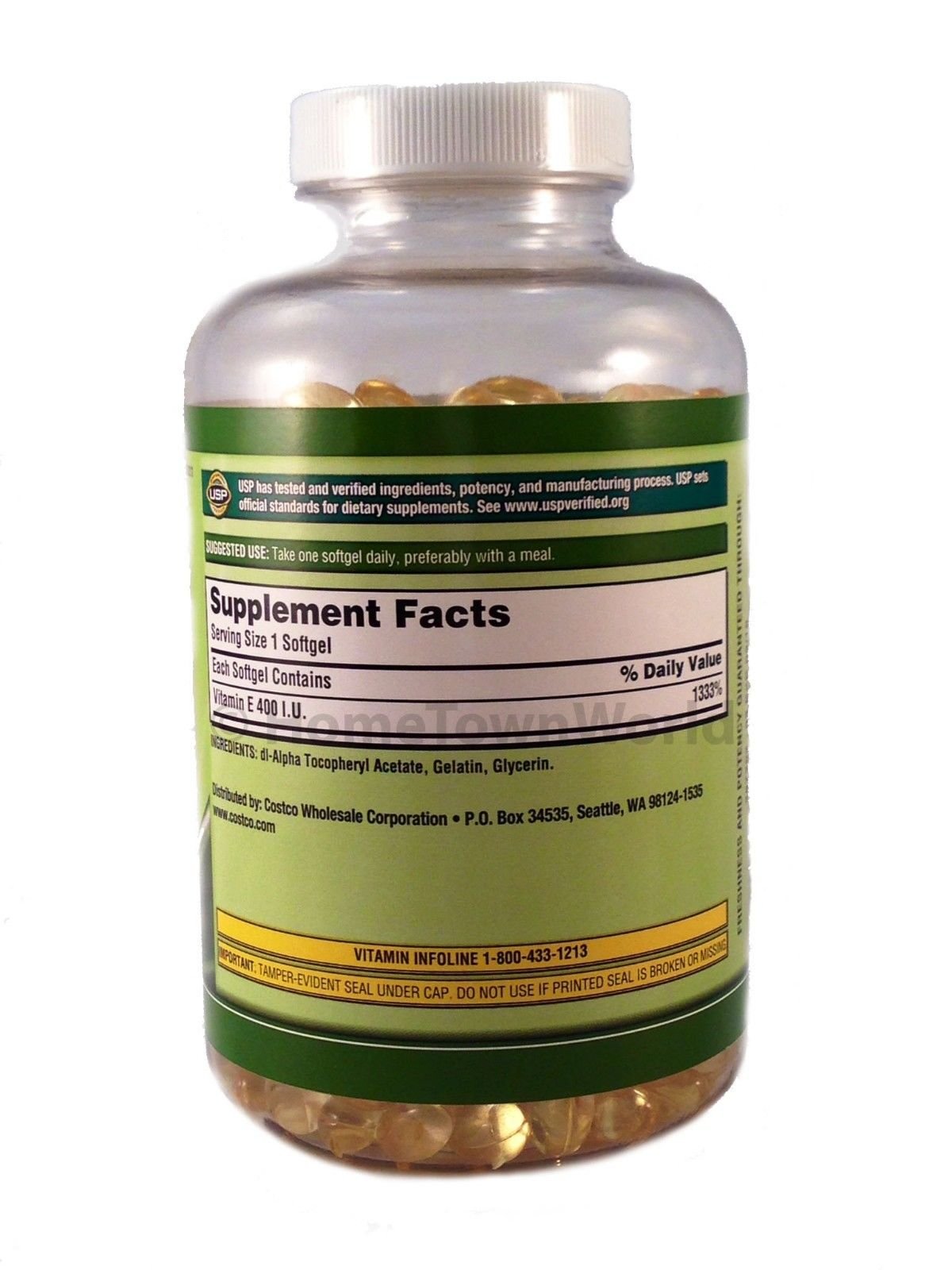 Close-up of the Kirkland Vitamin E label highlighting antioxidant benefits and daily immune support.