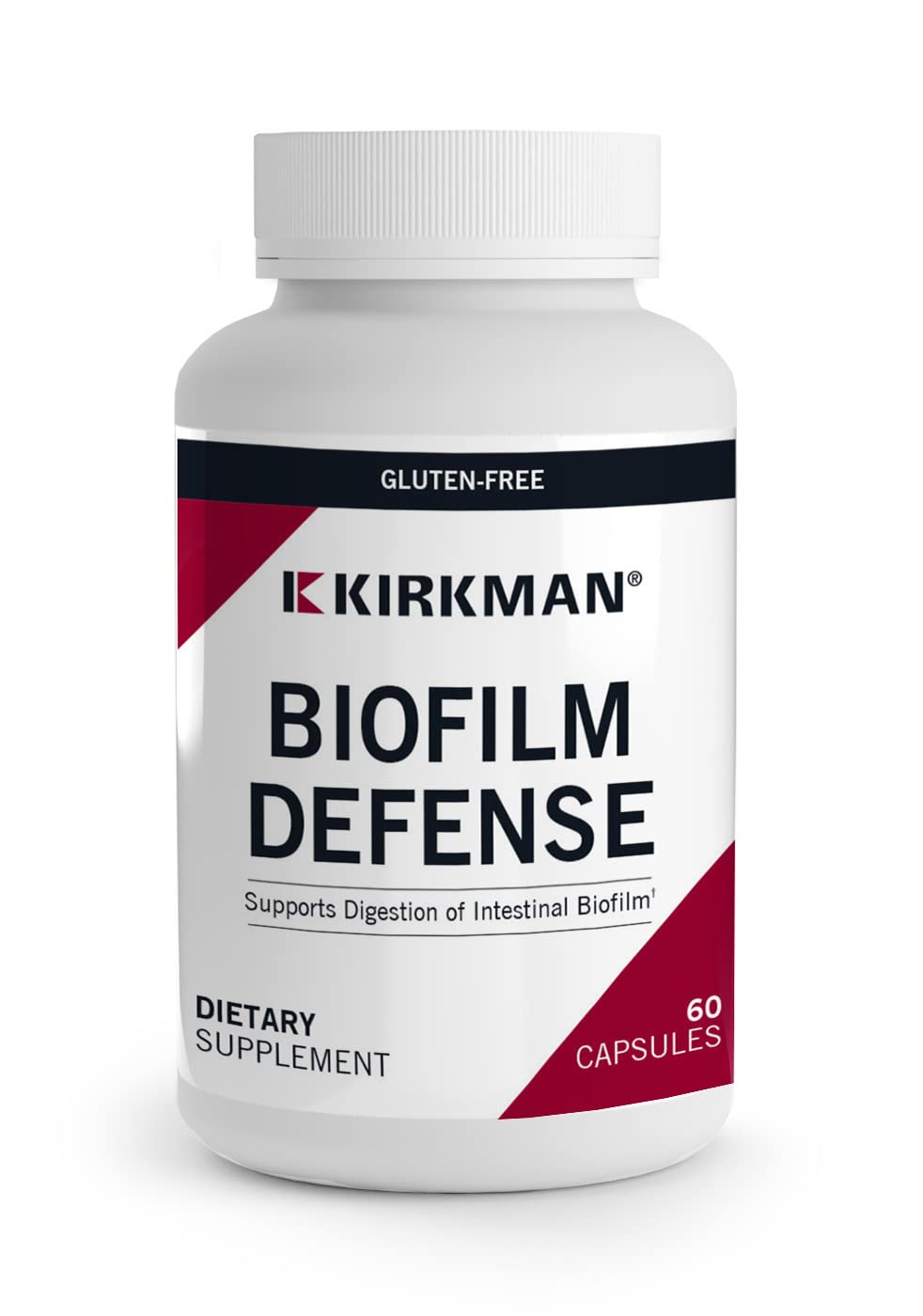 Kirkman Biofilm Defense bottle with capsules for daily enzyme support.