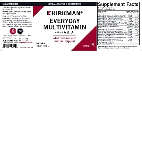 Kirkman Everyday Multivitamin bottle with dairy-free formulation for sensitive diets