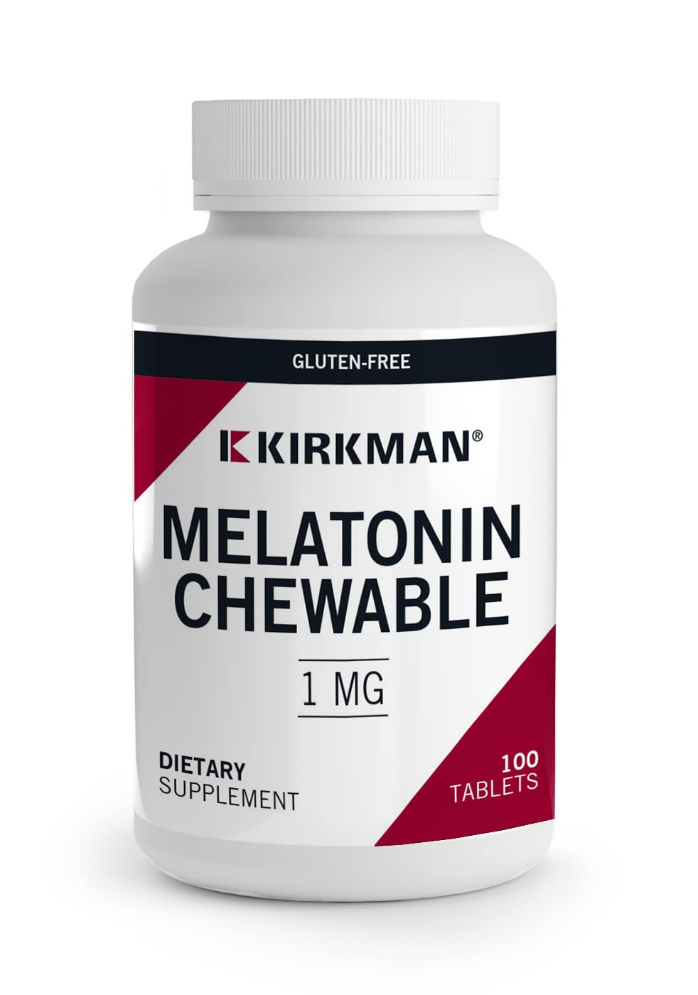 Kirkman Melatonin 1mg chewables packshot with mint flavor and hypoallergenic formula.