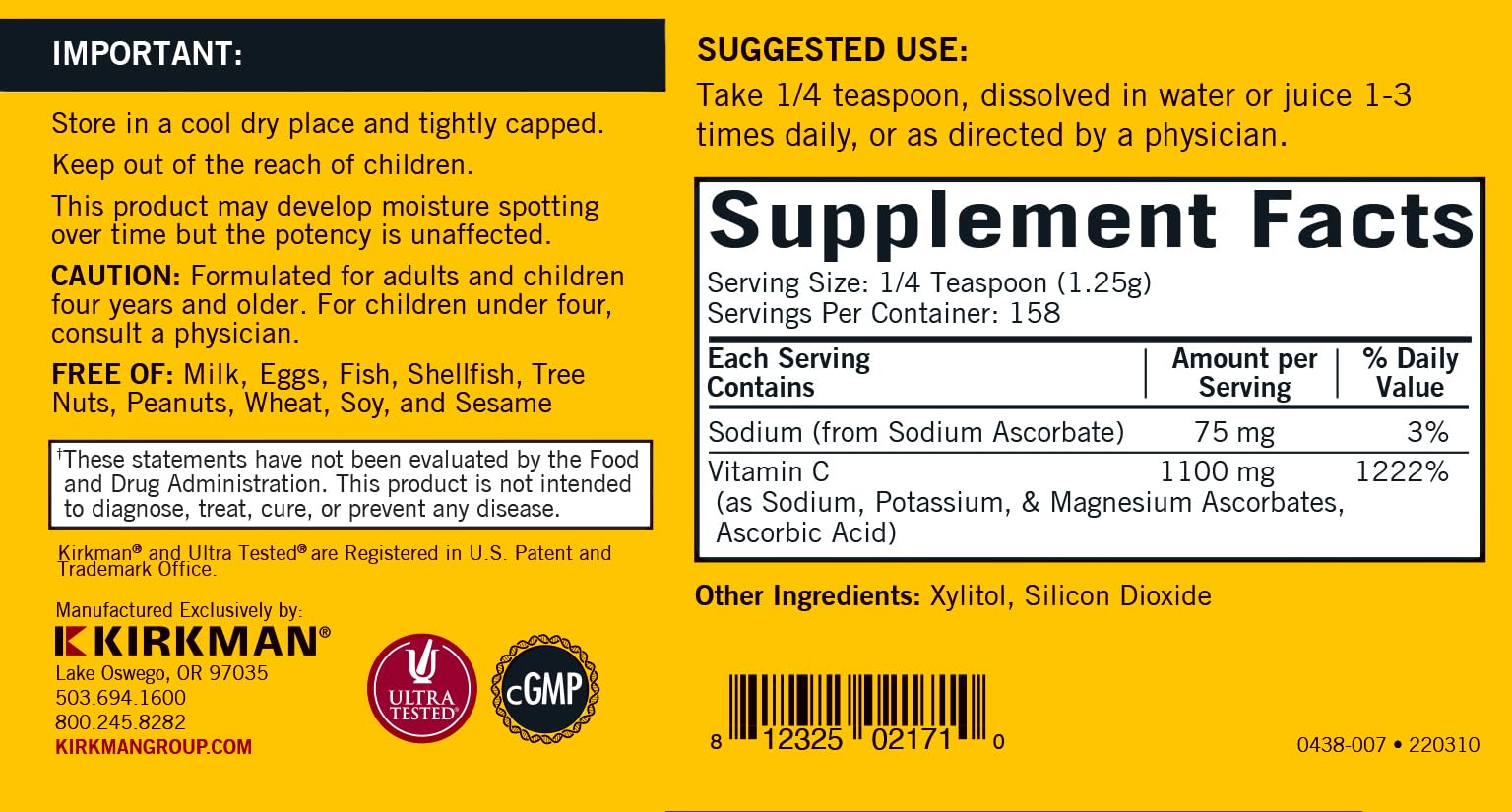 Close-up of product label on Kirkman buffered vitamin C powder bottle.